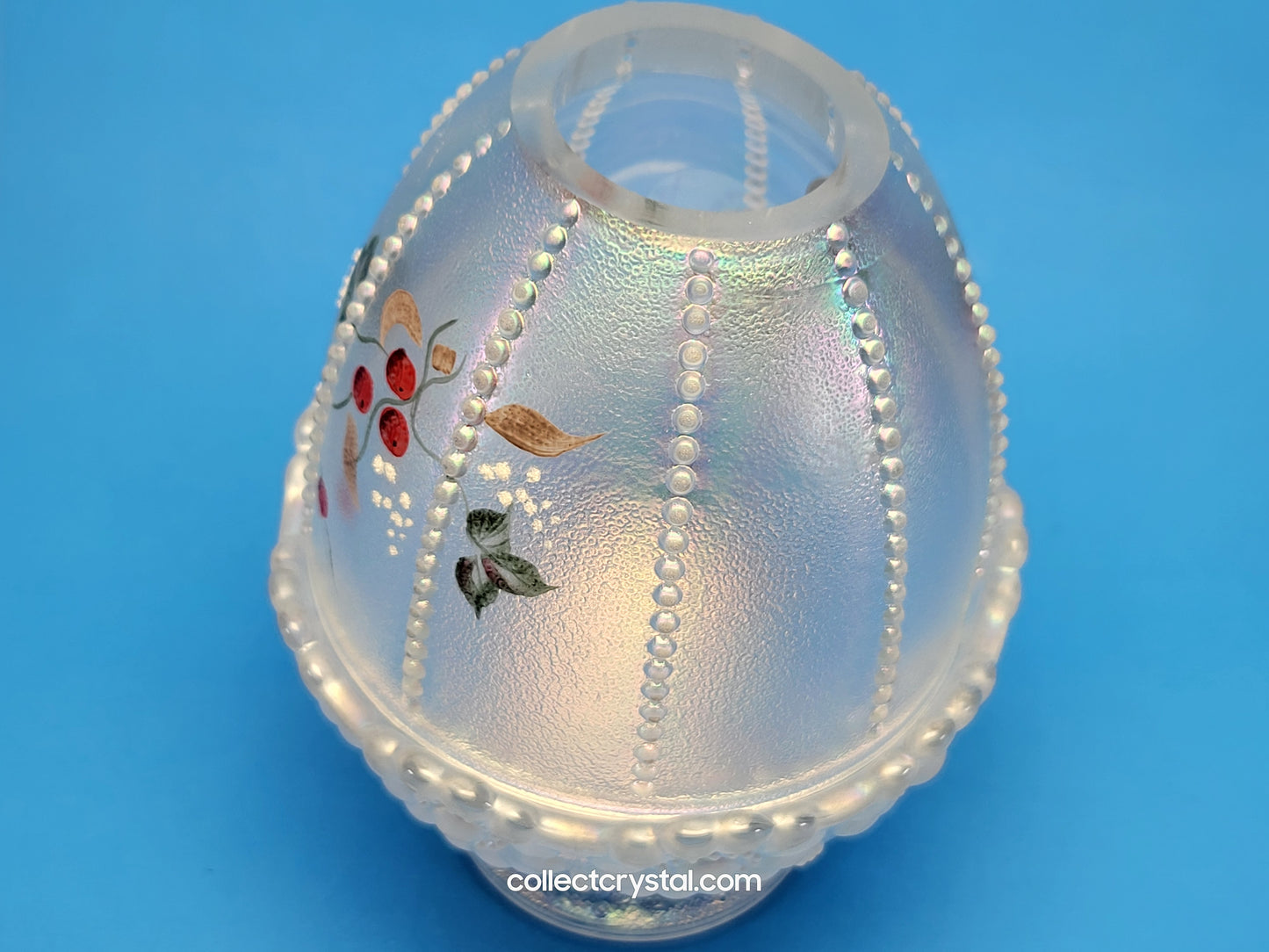 Fenton light Beaded Iridescent Hand Painted Fairy Lamp Holly Signed S. Hopkins