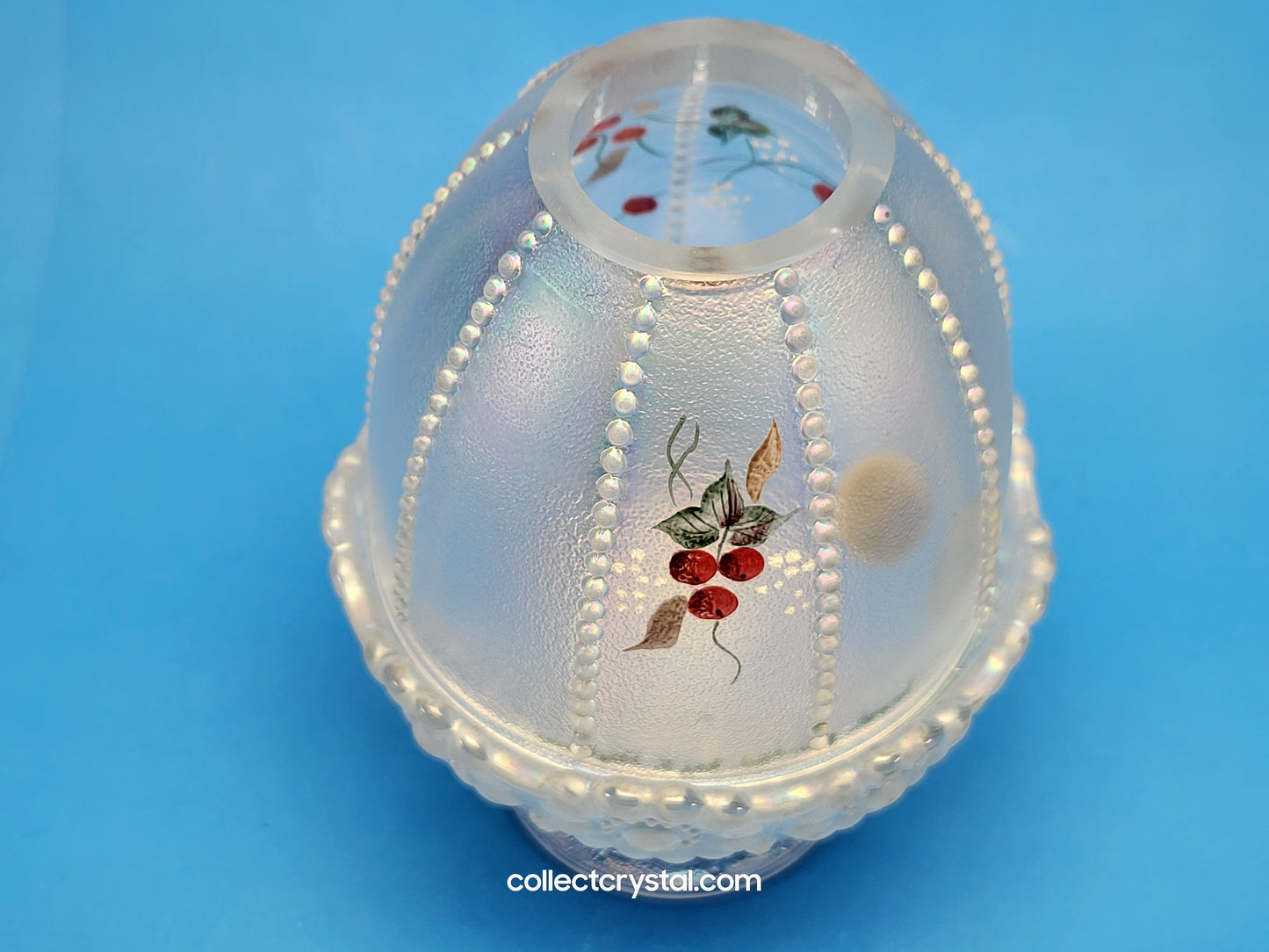 Fenton light Beaded Iridescent Hand Painted Fairy Lamp Holly Signed S. Hopkins