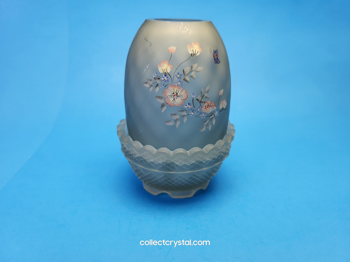 Fenton Glass Fairy lamp hp by Valory w Butterfly and floral. Frosted blue/grey