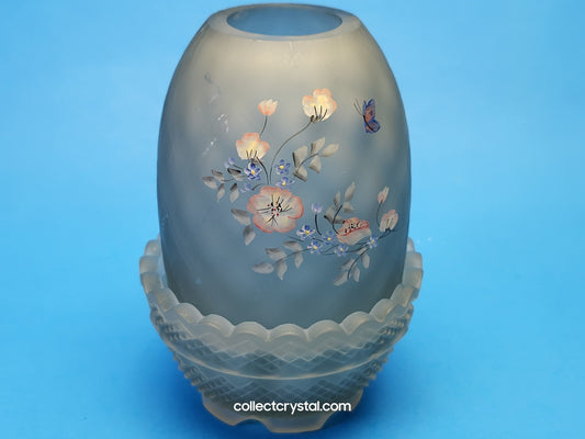Fenton Glass Fairy lamp hp by Valory w Butterfly and floral. Frosted blue/grey