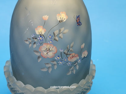 Fenton Glass Fairy lamp hp by Valory w Butterfly and floral. Frosted blue/grey