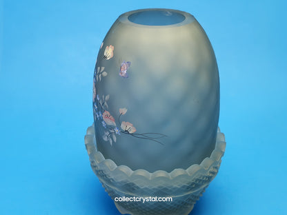 Fenton Glass Fairy lamp hp by Valory w Butterfly and floral. Frosted blue/grey