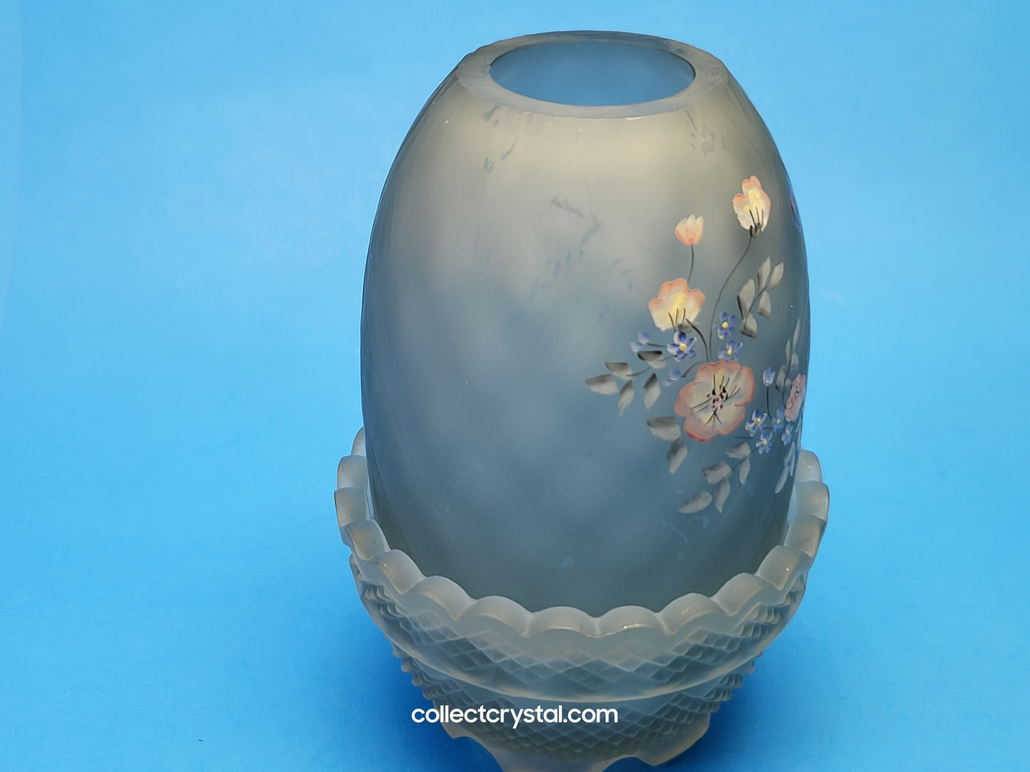 Fenton Glass Fairy lamp hp by Valory w Butterfly and floral. Frosted blue/grey