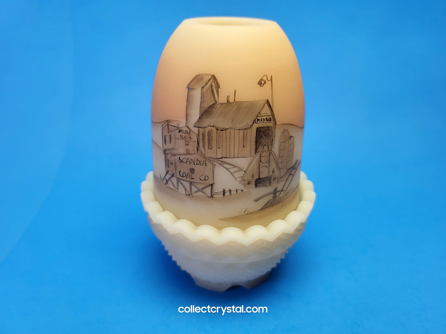 Fenton Art Glass Fairy Lamp BARN Custard Satin Hand Painted light by L. Watson