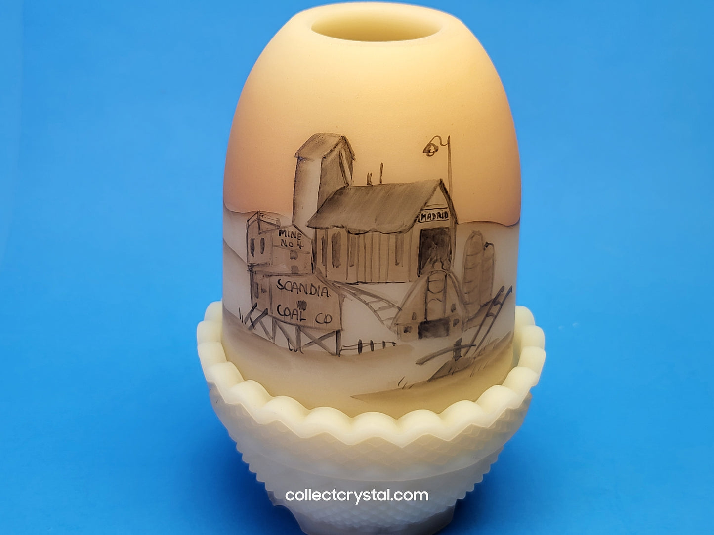 Fenton Art Glass Fairy Lamp BARN Custard Satin Hand Painted light by L. Watson