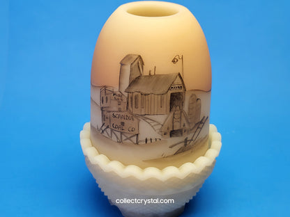 Fenton Art Glass Fairy Lamp BARN Custard Satin Hand Painted light by L. Watson