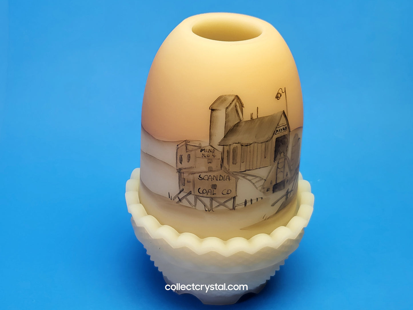 Fenton Art Glass Fairy Lamp BARN Custard Satin Hand Painted light by L. Watson