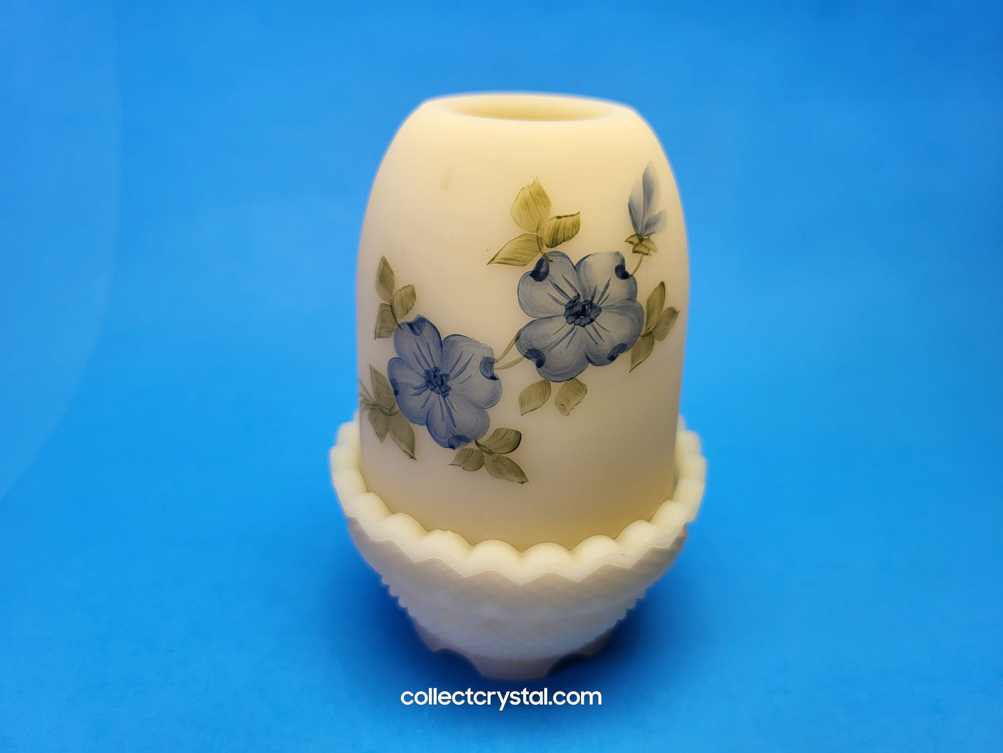 Fenton Hand Painted Fairy Lamp Custard Satin, Blue Dogwood by T. Watson