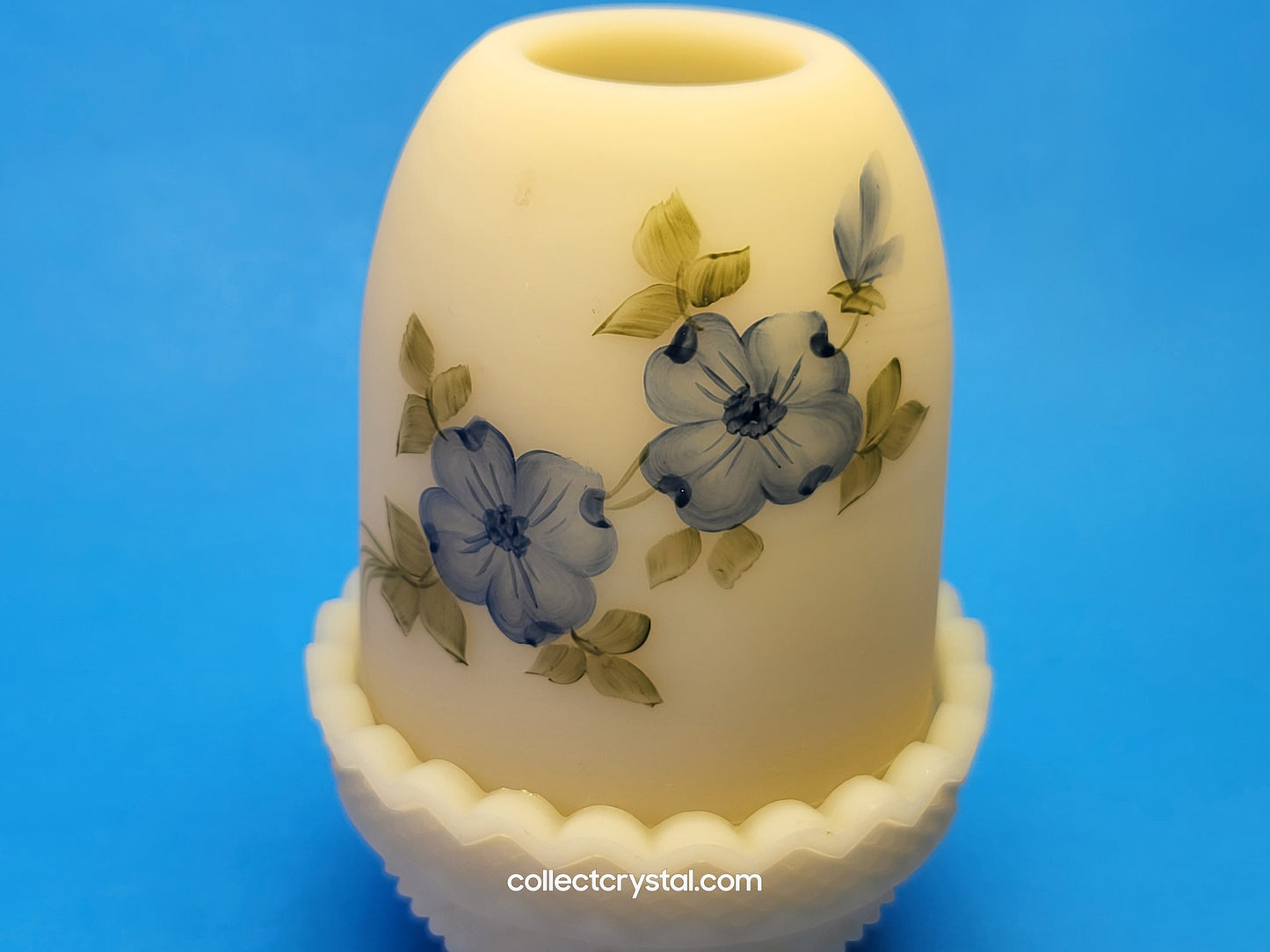 Fenton Hand Painted Fairy Lamp Custard Satin, Blue Dogwood by T. Watson