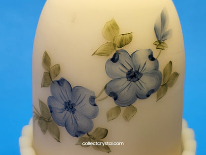 Fenton Hand Painted Fairy Lamp Custard Satin, Blue Dogwood by T. Watson