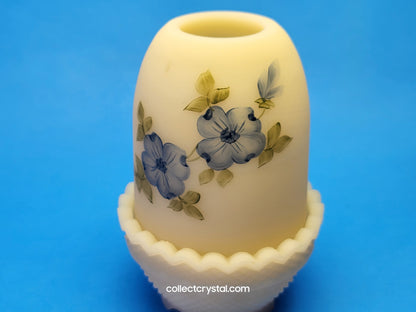 Fenton Hand Painted Fairy Lamp Custard Satin, Blue Dogwood by T. Watson