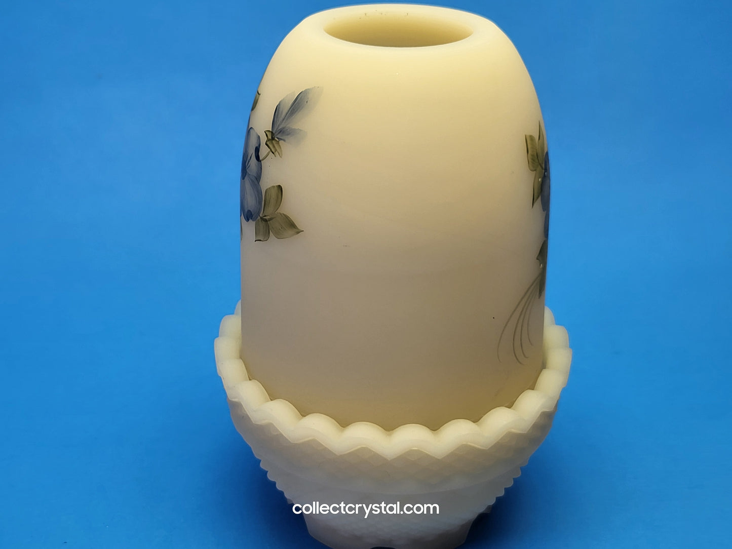 Fenton Hand Painted Fairy Lamp Custard Satin, Blue Dogwood by T. Watson