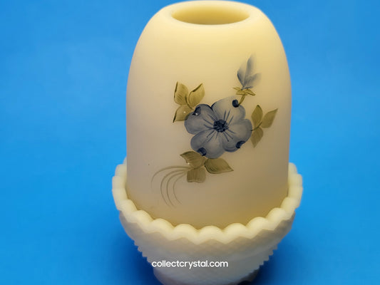 Fenton Hand Painted Fairy Lamp Custard Satin, Blue Dogwood by T. Watson