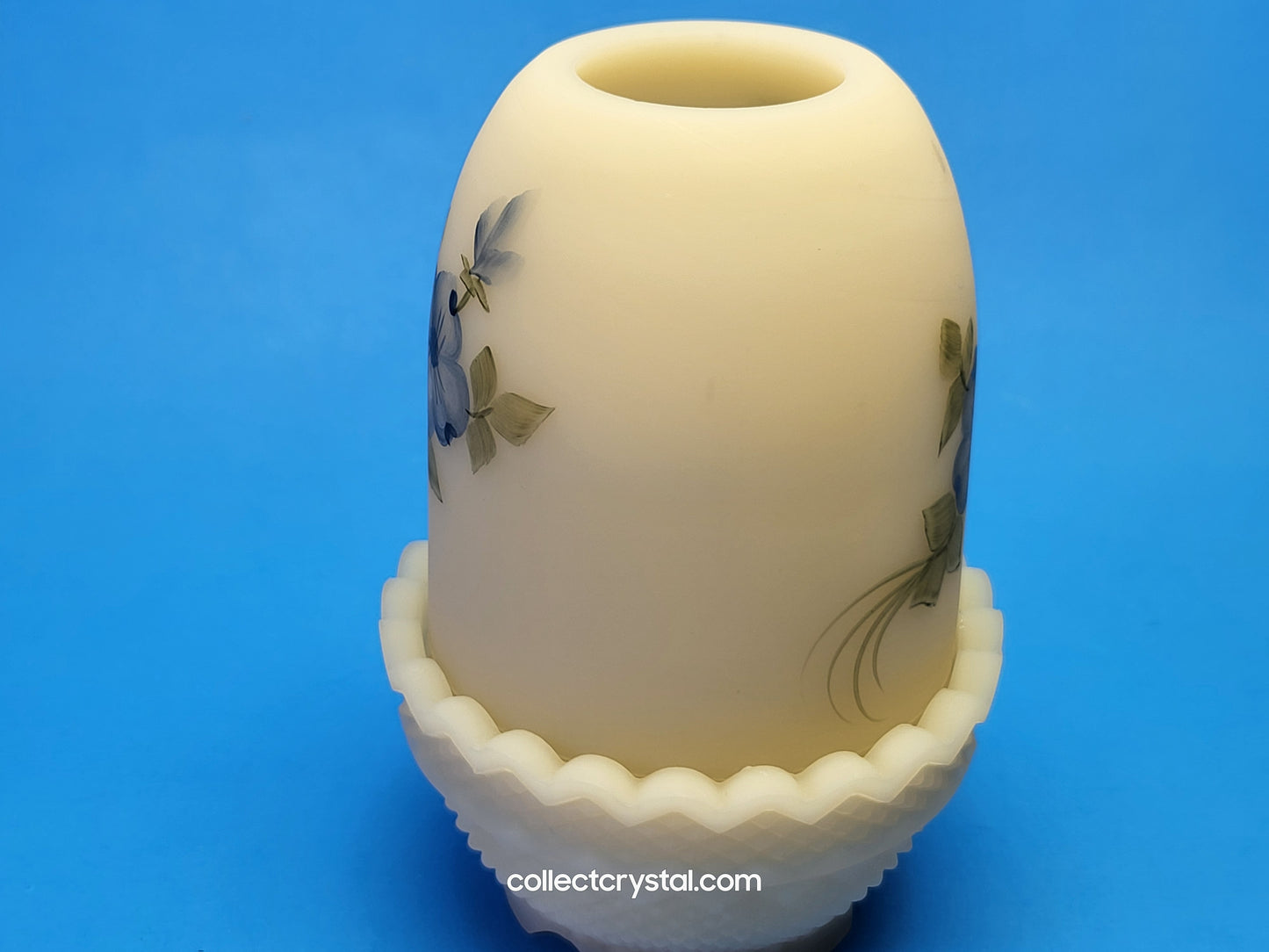 Fenton Hand Painted Fairy Lamp Custard Satin, Blue Dogwood by T. Watson