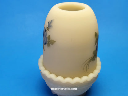 Fenton Hand Painted Fairy Lamp Custard Satin, Blue Dogwood by T. Watson