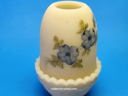 Fenton Hand Painted Fairy Lamp Custard Satin, Blue Dogwood by T. Watson