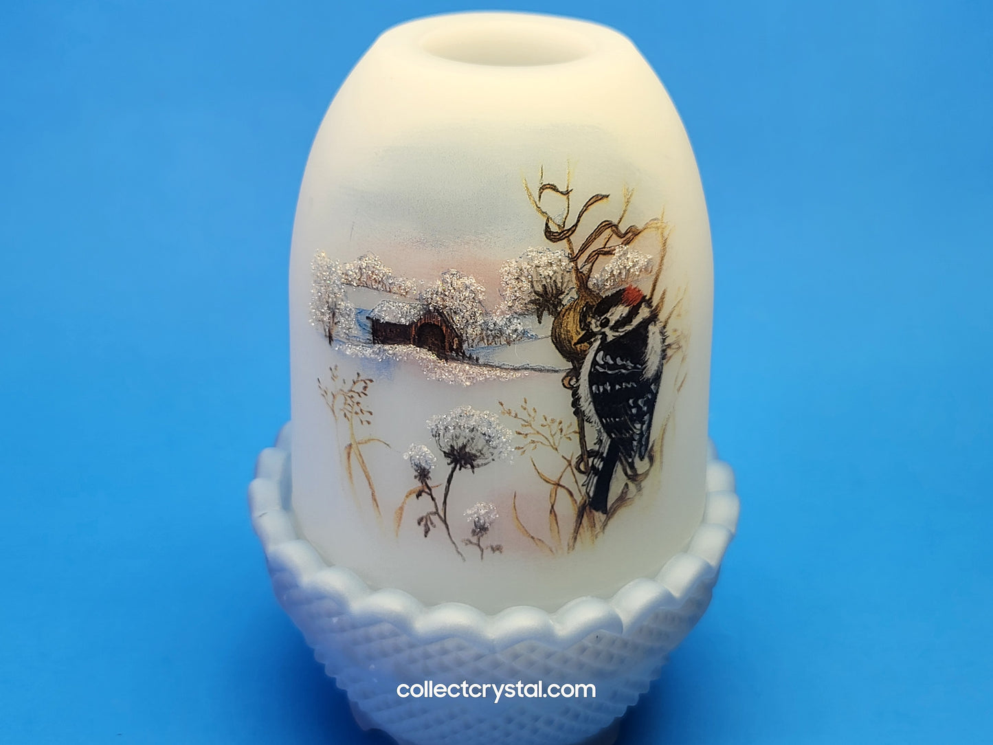 FENTON WOODPECKER FAIRY LAMP, Light BIRDS OF WINTER DOWNY # 531 / 4500 hp signed