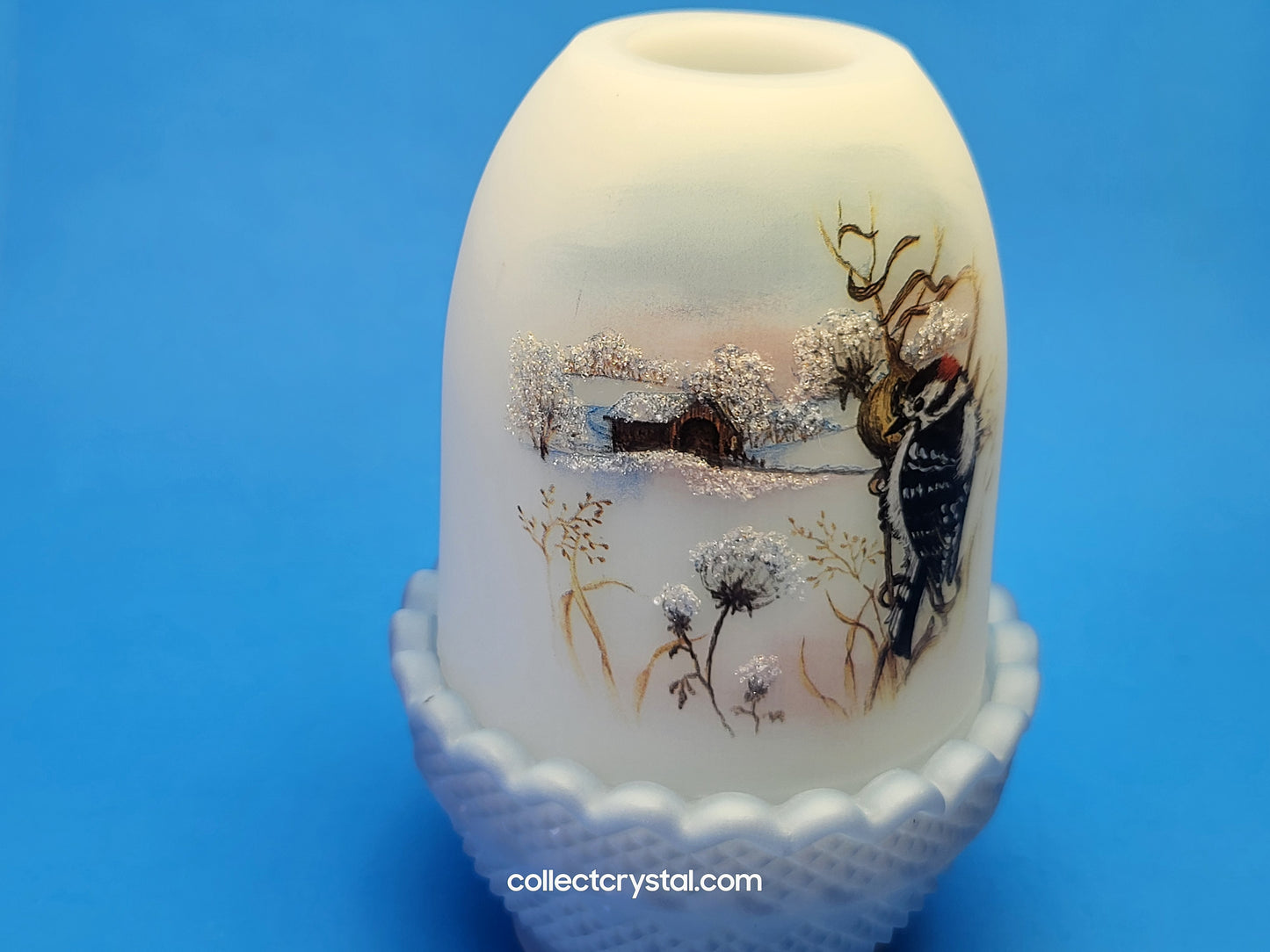 FENTON WOODPECKER FAIRY LAMP, Light BIRDS OF WINTER DOWNY # 531 / 4500 hp signed