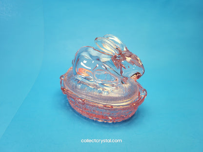 FENTON PINK CARNIVAL GLASS BUNNY RABBIT ON NEST EASTER FIGURINE