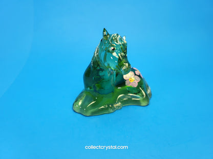 FENTON ART GLASS GREEN LYING HORSE FIGURINE HAND PAINTED BY M. YOUNG
