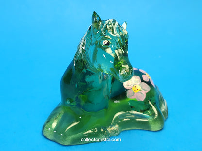 FENTON ART GLASS GREEN LYING HORSE FIGURINE HAND PAINTED BY M. YOUNG