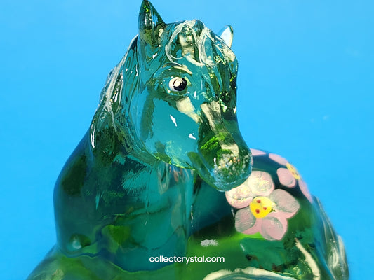FENTON ART GLASS GREEN LYING HORSE FIGURINE HAND PAINTED BY M. YOUNG