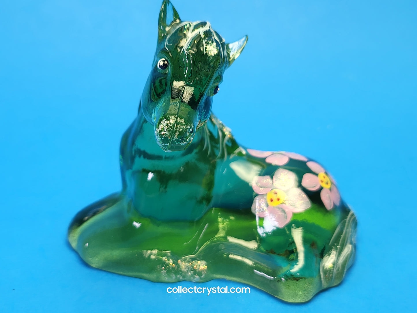 FENTON ART GLASS GREEN LYING HORSE FIGURINE HAND PAINTED BY M. YOUNG