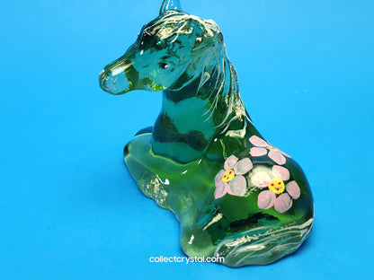 FENTON ART GLASS GREEN LYING HORSE FIGURINE HAND PAINTED BY M. YOUNG