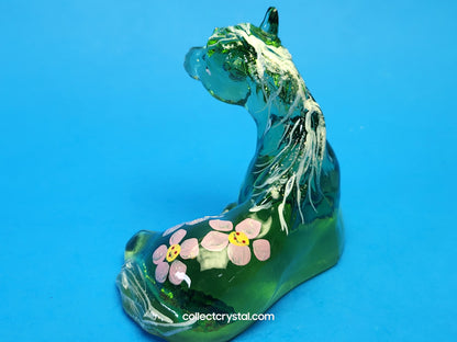 FENTON ART GLASS GREEN LYING HORSE FIGURINE HAND PAINTED BY M. YOUNG