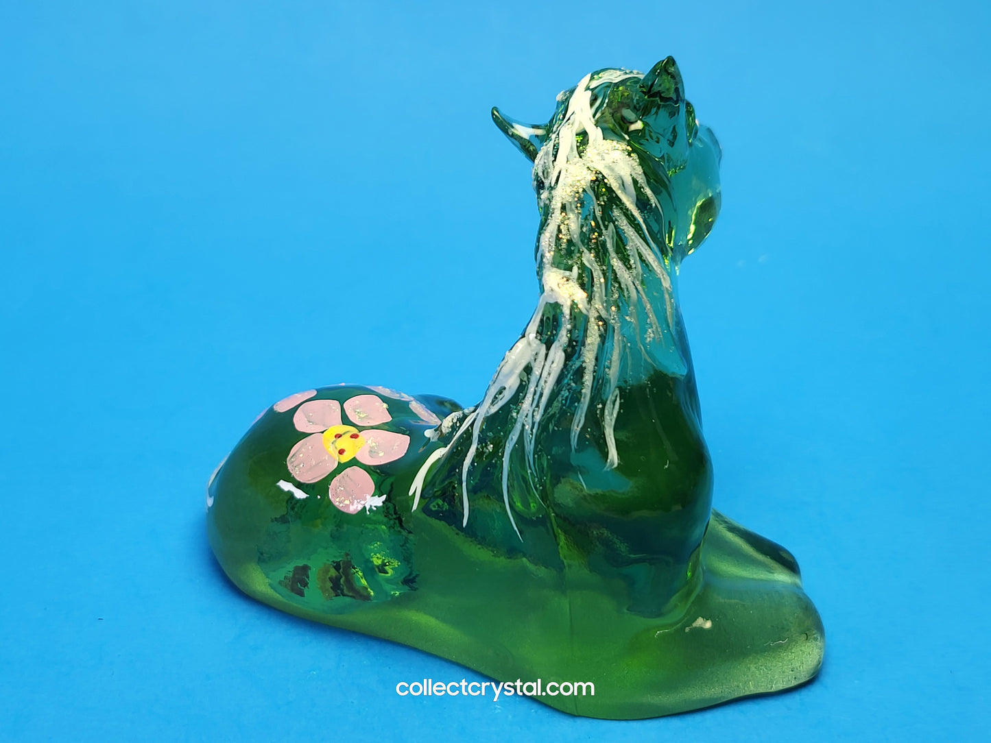 FENTON ART GLASS GREEN LYING HORSE FIGURINE HAND PAINTED BY M. YOUNG