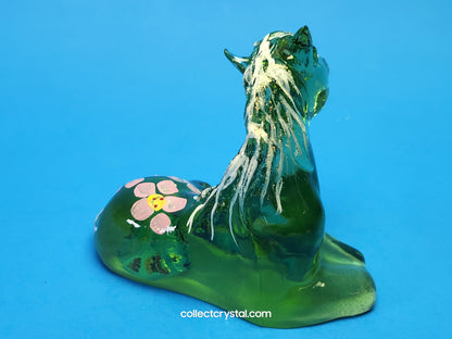 FENTON ART GLASS GREEN LYING HORSE FIGURINE HAND PAINTED BY M. YOUNG