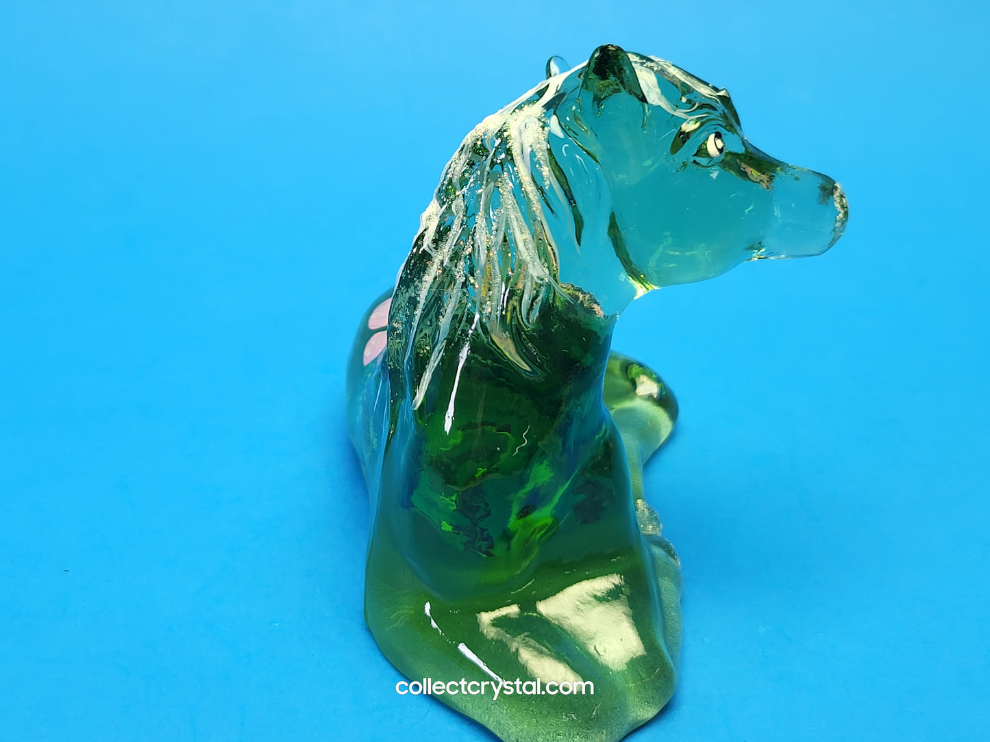 FENTON ART GLASS GREEN LYING HORSE FIGURINE HAND PAINTED BY M. YOUNG