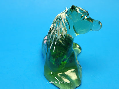 FENTON ART GLASS GREEN LYING HORSE FIGURINE HAND PAINTED BY M. YOUNG
