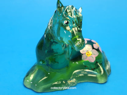 FENTON ART GLASS GREEN LYING HORSE FIGURINE HAND PAINTED BY M. YOUNG