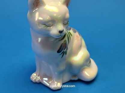 Fenton opalescent hand painted Sitting Cat Figurine w blue flowers
