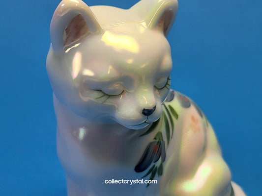 Fenton opalescent hand painted Sitting Cat Figurine w blue flowers