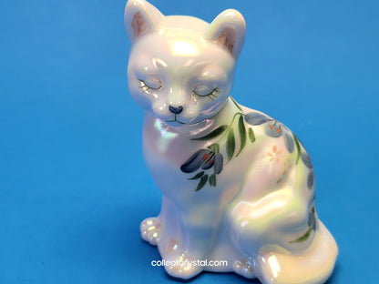 Fenton opalescent hand painted Sitting Cat Figurine w blue flowers
