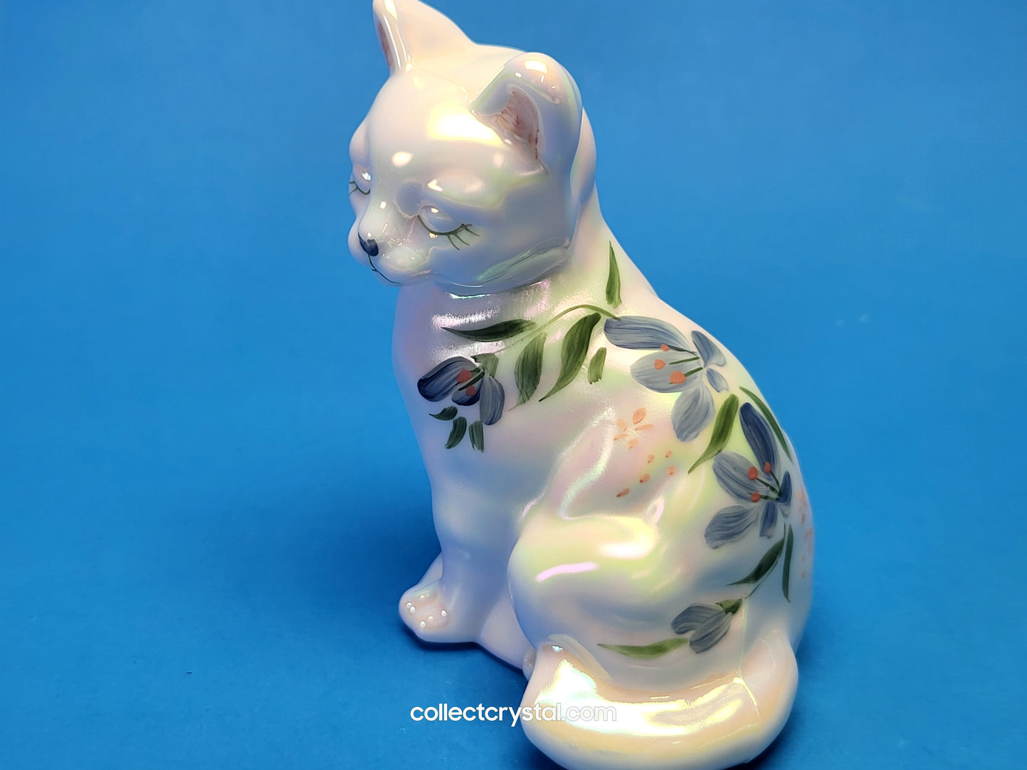 Fenton opalescent hand painted Sitting Cat Figurine w blue flowers