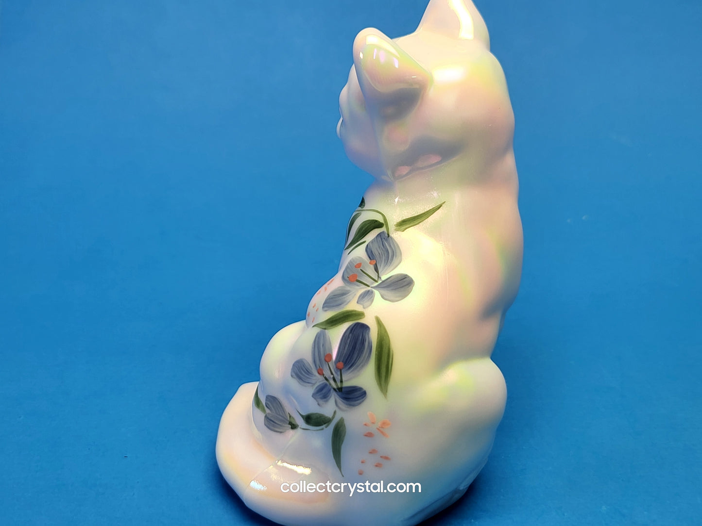 Fenton opalescent hand painted Sitting Cat Figurine w blue flowers