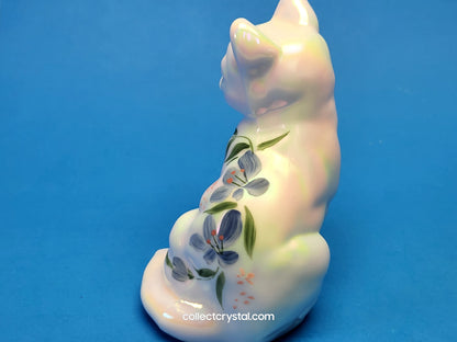Fenton opalescent hand painted Sitting Cat Figurine w blue flowers