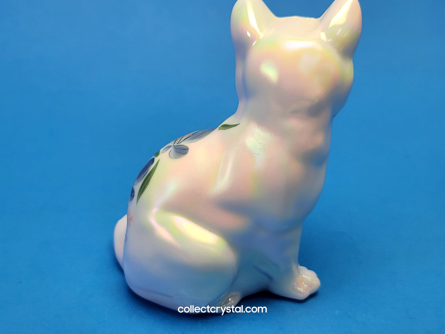 Fenton opalescent hand painted Sitting Cat Figurine w blue flowers