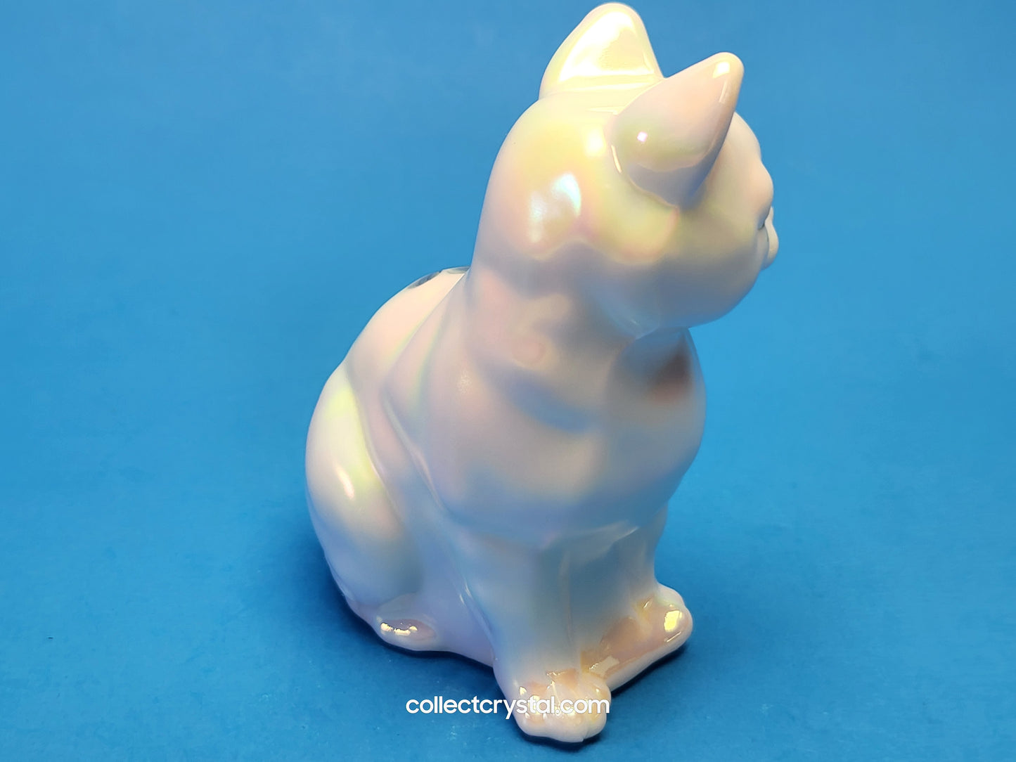 Fenton opalescent hand painted Sitting Cat Figurine w blue flowers