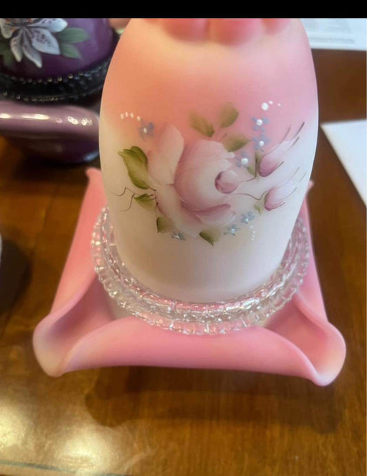 Fenton Burmese Diamond Optic 3 Piece Fairy Light Lamp With Hand Painted Roses