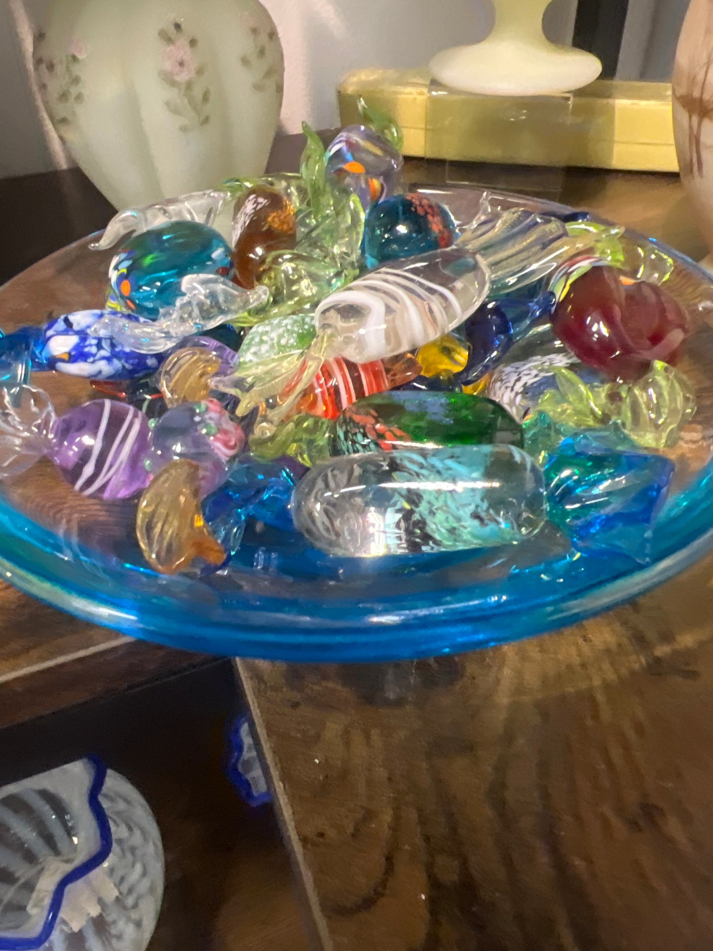 Murano candy dish filled with hand blown candies