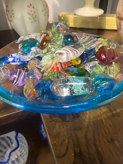 Murano candy dish filled with hand blown candies