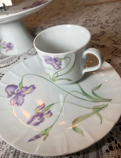 Depew #037 Vintage Iris Flowers Fine China Lot of 12 Lunch / Desert Plates & Cups 24 Pcs