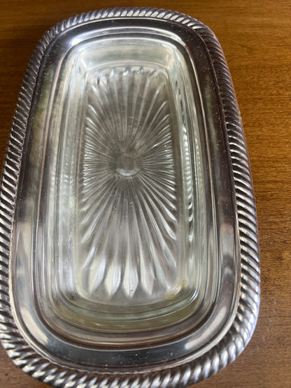G.I. # 041 WM. ROGERS 3 PC VINTAGE SILVER PLATE BUTTER DISH & LID GLASS INSERT 887