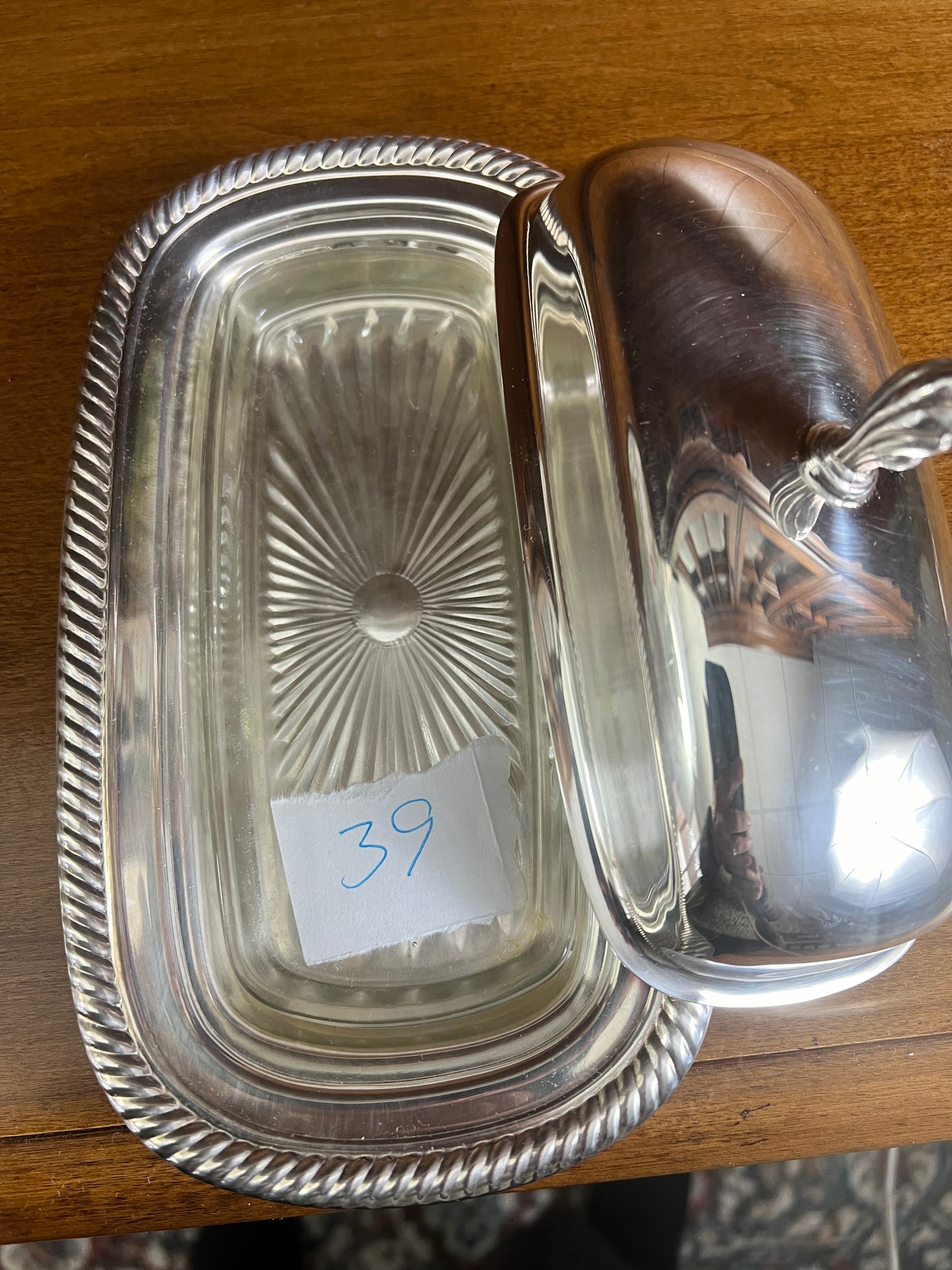 G.I. # 041 WM. ROGERS 3 PC VINTAGE SILVER PLATE BUTTER DISH & LID GLASS INSERT 887