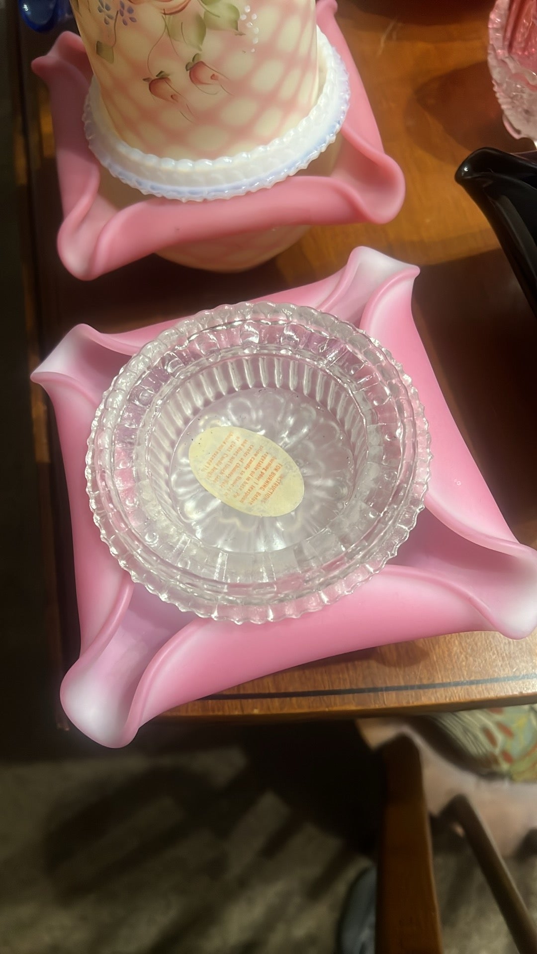 Fenton Burmese Diamond Optic 3 Piece Fairy Light Lamp With Hand Painted Roses