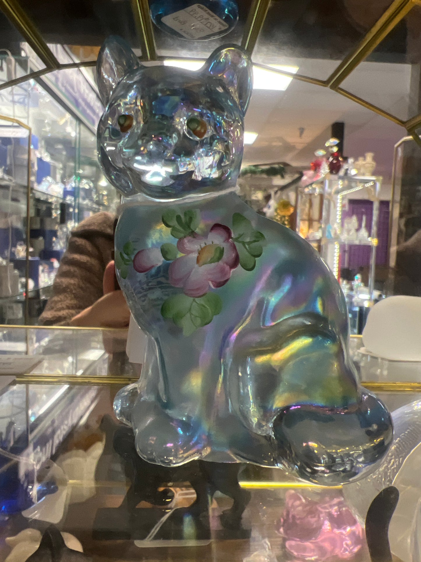Fenton hand painted blue opal iridescent sitting cat